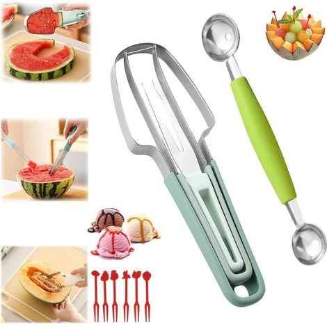 Coupe-melon 3 en 1 en acier inoxydable fourchette et cuillère à melon pour fruits cuisine et préparation dessert (1/5)