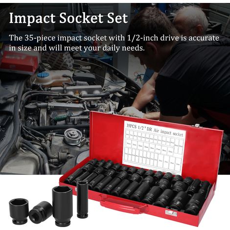 Jeu de douilles à Impact d'air de 12.5mm, 35 pièces, entraînement de 1/2 pouces, Kit pneumatique en acier au Chrome Vanadium, outil de réparation automobile (1/5)