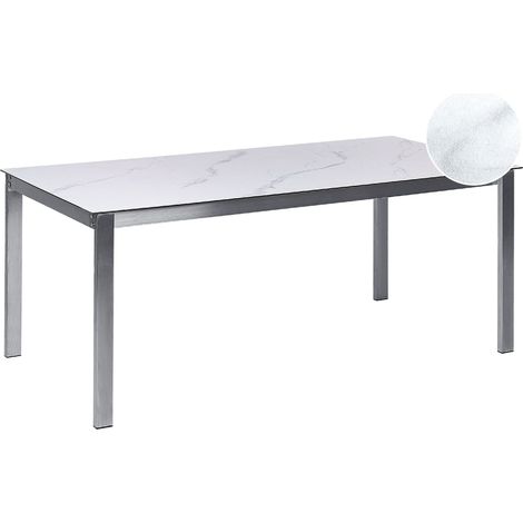 Table de Jardin 6 places 180 x 90 cm Plateau en Verre Céramique Trempé Effet Marbre Structure en Acier Inoxydable Cosoleto