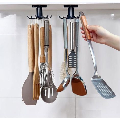 Lot de 2 Rotatif à 360° Porte Ustensiles Cuisine avec 6 Crochets, Support sans Perçage, Rangement Organiseur Rack pour Cuisine/Bai (1/4)
