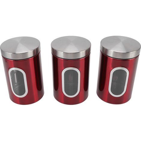 Bocaux de conservation alimentaire en acier inoxydable, réutilisables, pratiques, compacts et résistants, pour la cuisine et la maison (lot de 3), rouges. (1/5)