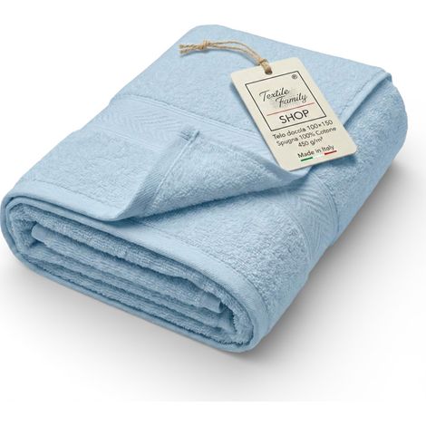 Serviette de douche bleu clair 100x150 en éponge 100 % coton 450 g/m² Fabriqué en Italie