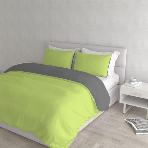 Housse de couette double-face couleur unie avec taies d'oreiller, 100 % Coton, Vert Acide/Gris foncé (1/5)