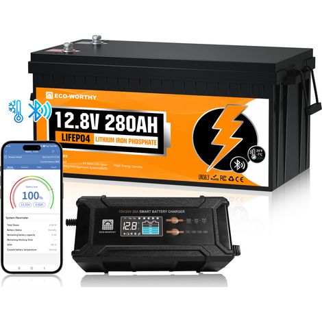 ECO-WORTHY 280Ah 12V Batteria litio Bluetooth LiFePO4 Lithium Battery + 12V 20A /24V 10A Caricabatterie per LiFePo4 12V/24V