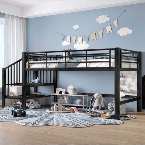 Halbhohes Bett mit Stauraumtreppe 90x200 Metall Schwarz OKMYHOME (1/5)