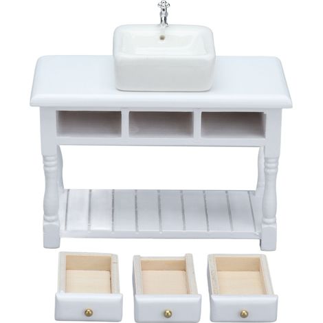 Set de Salle de Bain Miniature 1:12 pour Maison de Poupée - Table Lavabo Blanc avec Accessoires de Salle de Bains en Résine (1/5)