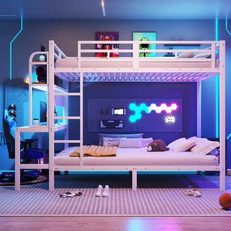 Lit superposé 140 x 200 cm cadre en fer blanc LED USB bureau étagères sécurité échelle pour enfants sans matelas (1/5)