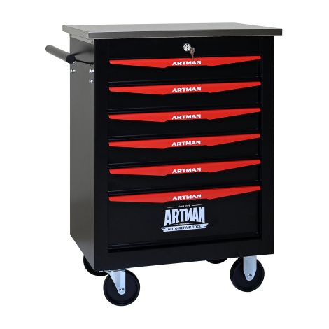 Charriot à outils multifonctionnel sur roulettes, 6 niveaux, en métal avec couvercle en acier inoxydable, noir et rouge – idéal pour garage, atelier, entrepôt ou réparation (1/5)