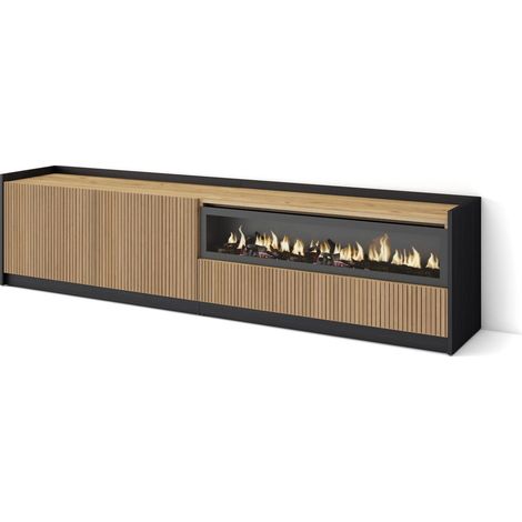 Skraut Home - Mueble TV, Televisión, Muebles de salón, almacenaje, 207x37x50cm, Para TV hasta 80", Chimenea eléctrica, Estilo Moderno, Roble y negro (1/5)