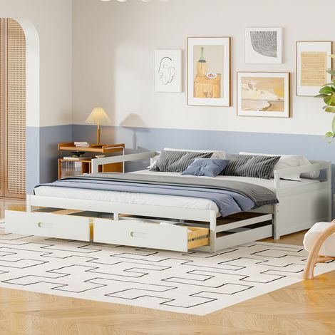 Lit gigogne 90/200 cm extensible 180/200 cm blanc en bois avec 2 tiroirs et sommier à lattes (1/5)