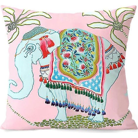 Housse de coussin décorative éléphant 45 x 45 cm, douce et mignonne, à pompons roses, pour canapé, fauteuil ou banc. (1/5)