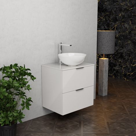 Inda - Badezimmerschrank B.60 mit Aufsatzwaschbecken / Hochglanzweiß 2 Schubladen - Topazio (1/5)