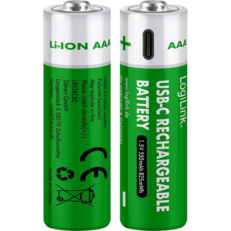 Logilink, 2 pilas AAA de 1,5 V, USB-C, 550 mAh, LED para cargar baterías de iones de litio. (1/5)