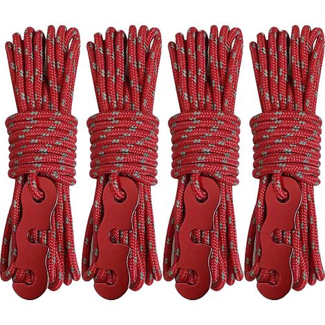 Corde de fixation pour tente avec boucle en S et tendeur - Corde de fixation réfléchissante et lumineuse de 4 mètres pour rideau de toit de tente de camping - Rouge