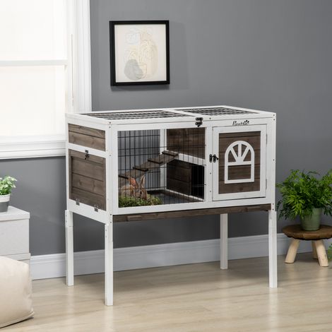 Cage lapin intérieur clapier bois café 90x53x87cm, fond amovible nettoyable, 2 portes sécurisées avec verrou, échelle incluse, habitat rongeur spacieux (1/5)