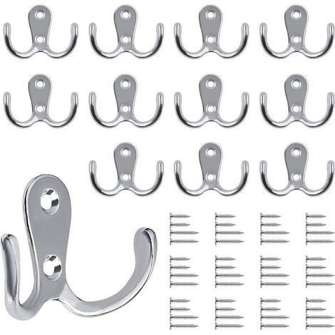 Lot de 12 crochets muraux doubles - En métal argenté - Style vintage - Avec 48 vis - Pour porte-manteau, salle de bain, cuisine - Argenté (1/5)