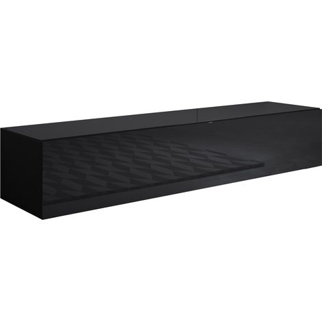 Mueble TV Colgante Mueble de televisión Mueble de Salón 1 puerta 3 compartimentos 160x30x40cm Modelo Luke H2 Negro Acabado en Brillo