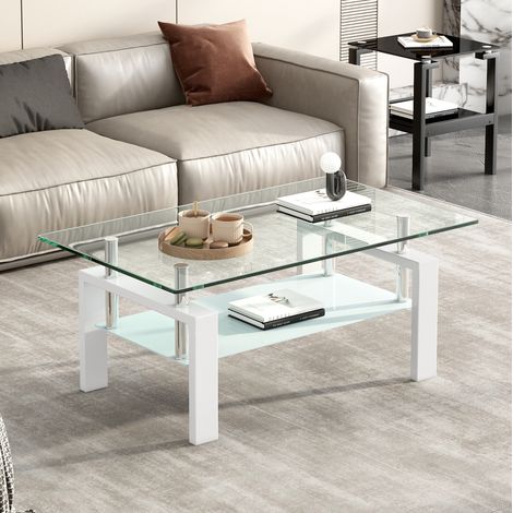 Table basse 100x60x44 cm en verre trempé blanc et métal, double plateau gain de place - CHICFURN (1/5)