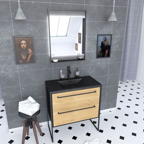 Mueble de baño 80x50 cm Negro- 2 cajones acabado roble natural- Lavabo blanco- Espejo led