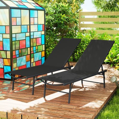 Lot de 2 bain de soleil chaise longue pliante textilène transat jardin extérieur inclinable 54 x 164 x 84 cm noir (1/5)
