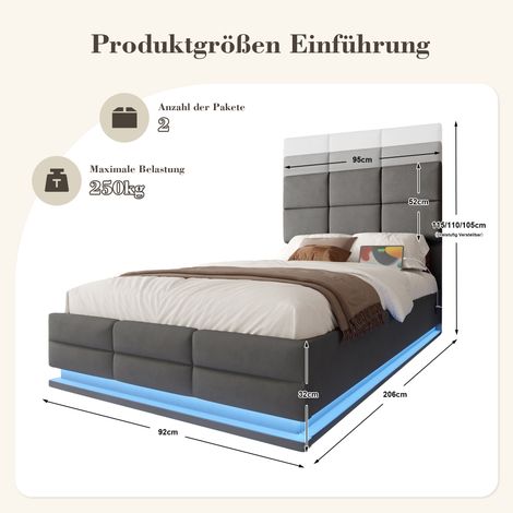 Lit moderne en velours gris 90x200 cm, sommier à tête ajustable avec prises USB/Type-C, éclairage LED d'ambiance, coffre de rangement XXL hydraulique (sans matelas)