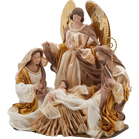 Natività "King" con angeli vestiti in tessuto Avorio e Oro per presepe Natalizio da 43 cm