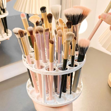 Porte-pinceaux rotatif à 360 degrés - Convient pour les pinceaux d'art, les stylos, les outils de maquillage - Élégante boîte de rangement en plastique blanc avec glaçage - Accessoire de bureau (1/4)