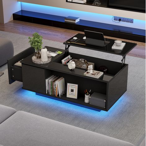 Mesa de centro elevable 100 x 50 x 40 cm con almacenamiento oculto, cajón y LED negra HAVRYA (1/5)