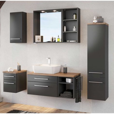 Waschbecken Unterschrank 90 cm, Siphonausschnitt Links TAREE-03 in matt grau
