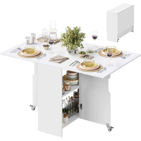 WOLTU Table de Salle à Manger Pliante, pour 2 à 4 Personnes, Îlot Central Extensible à roulettes, 130x80x72cm, en Bois, Blanc (1/5)