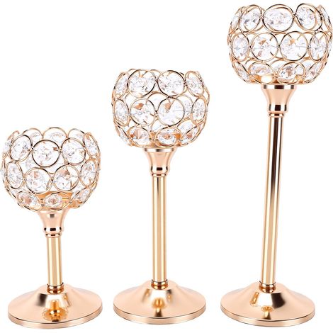 Lot de 3 bougeoirs en cristal dorés pour bougies chauffe-plat, parfaits pour un mariage, une fête ou une table à manger. (1/5)