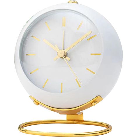 Réveils Analogiques Rétro Rétro-éclairage Petite Horloge de Bureau Ronde Silencieuse sans Tic-tac en Métal Horloge de Table Ornements pour Salon Chambre à Coucher (White)