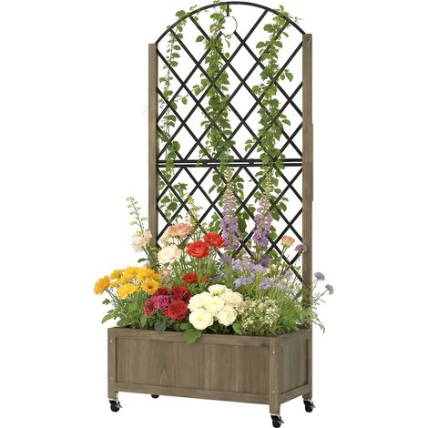 Pflanzkasten auf Rädern mit Stahlgitter, Holzblumenkasten auf feststellbaren Rollen, 72 x 36 x 168 cm, karbonisierte Oberfläche
