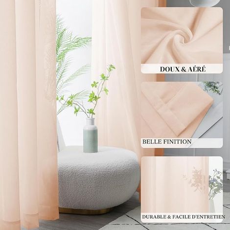 Rideaux Voilage Transparent L140x H225cm Panneaux à Anneaux - Look Lin uni pour Salon et chamLre (Rose) (1/2)