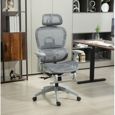 Sedia da ufficio 66x64x114-122 cm grigia in poliestere con rete traspirante, poggiapiedi e regolazioni ergonomiche (1/5)