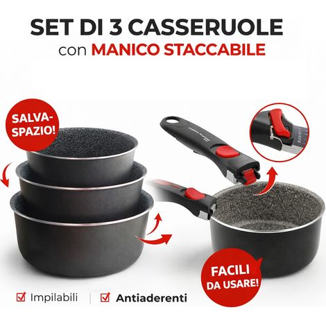 3x Casseruola 16 18 20 Amovible Accademia Mugnano Antiaderente Manico Rimovibile (1/4)