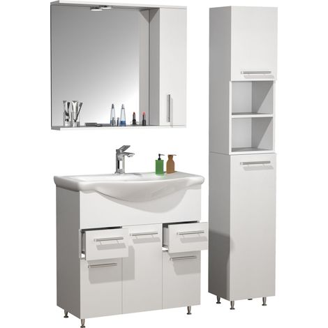VCM 4 pcs Lavabo  Lavabo Muebles de baño Gabinete inferior 75 cm  Set con lavabo Armario de espejo Armario alto  Cajones y torniquetes  Complete Lisalo XL (Blanco)