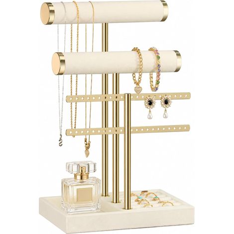 Organisateur de Bijoux à 3 Niveaux - Porte Bijoux Beige en Velours pour Bracelets, Colliers, Montres, Bagues (1/5)