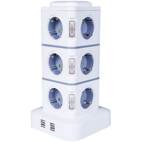 Multiprise électrique verticale 12 prises 2500W – 4 ports USB – Protection contre surtensions – Rallonge 3M pour bureau et maison