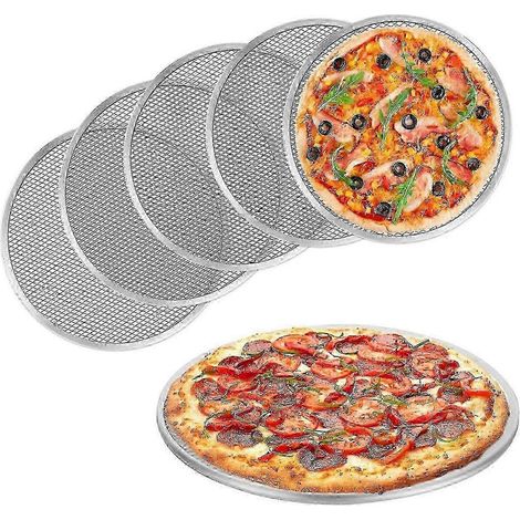 Set mit 6 nahtlosen 20 cm (8 Zoll) Aluminium-Pizzablechen, silberne Aluminium-Pizzableche mit Maschenstruktur, geeignet zum Backen von Pizzen, Keksen, Kuchen, für den gewerblichen und privaten Gebrauc (1/5)