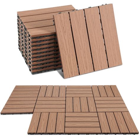 Wolketon Lote de 11 baldosas para terraza WPC de 4 listones, 1 m², 30 x 30 cm, baldosas encajables, compuesto de madera, Marrón. (1/5)