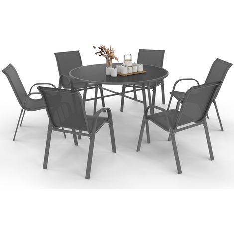 Gartenmöbel MADRID runder Tisch 120 CM und 6 stapelbare Stühle anthrazitgrau