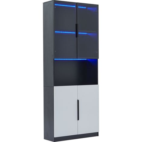 Vitrine moderne avec portes en verre et LED, 80 x 30 x 200 cm, blanc et noir, HOMVRA (1/5)
