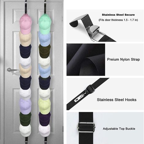 Lot de rangement pour chapeaux derrière la porte : 1 corde + 20 pinces + 2 crochets en acier inoxydable noir. (1/5)