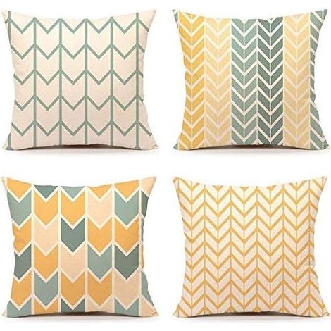 Taies d'oreiller carrées double face décoratives en lin jaune orange - Housses de coussin avec motif géométrique 45 x 45 cm, lot de 4 (1/4)
