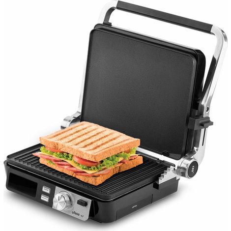 Ufesa Grill Elettrico K2 2000W – Sandwichera, Piastra da Cucina Elettrica e Griglia, Apertura 180º, Display LED, Temperatura Regolabile, Piastra Superiore Regolabile in Altezza, Piastre Antiaderenti