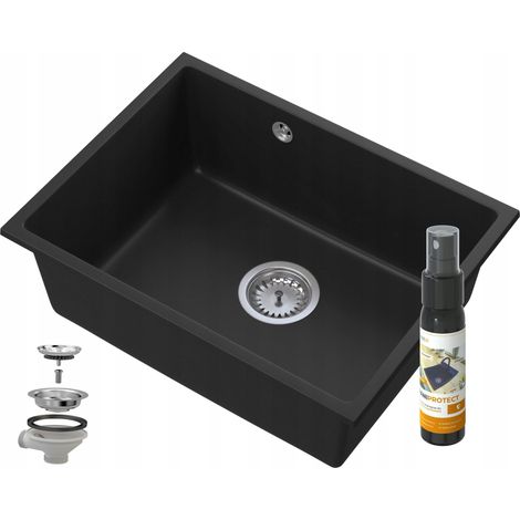 Évier de cuisine en granit Manado 53.5 × 40 cm sous plan noir avec distributeur et siphon (1/5)