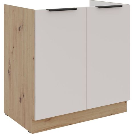 Küchen Spülenunterschrank 80 cm Küche SOLANO Kaschmir beige matt + Eiche Artisan matt Küchenzeile Küchenblock Küche Einbauküche (1/4)