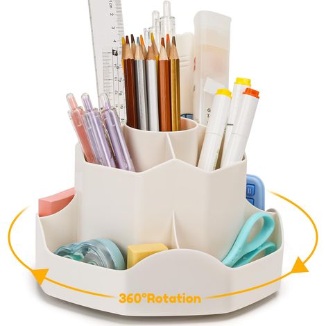 Organisateur de Bureau Rotatif, Pot a Crayon avec 9 Compartiments Indépendants, Rangement Bureau 360° Porte Stylo Bureau Gain de Place pour Enfants, Fournitures Scolaires Modernes(Beige) (1/5)