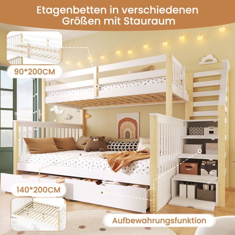 Lit superposé 90x200 au-dessus 140x200, rangements tiroirs, sans matelas, blanc et bois naturel, meuble multifonctionnel (1/5)